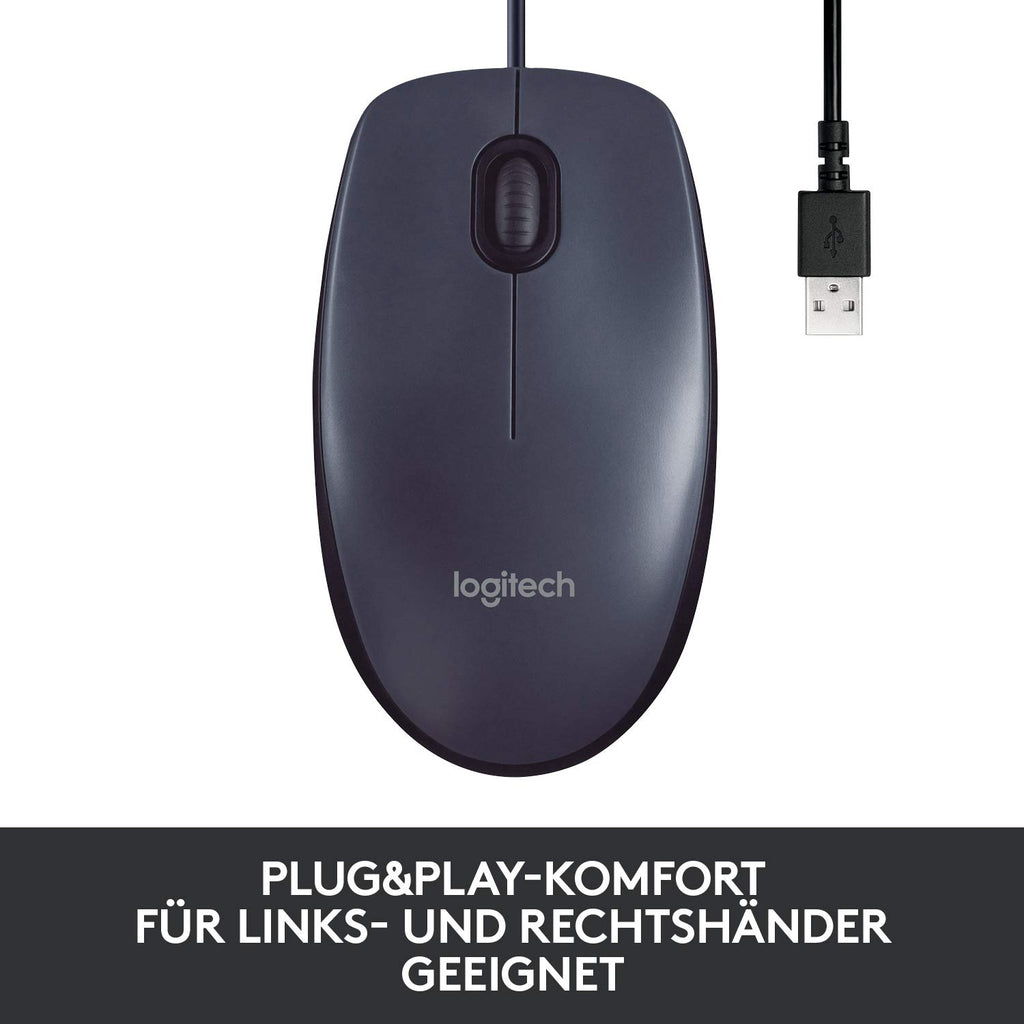 Logitech M100 USB Maus mit Kabel, 3-Tasten, 1000 DPI Optisch Tracking, Beidhändig, PC/Mac/Laptop, Schwarz