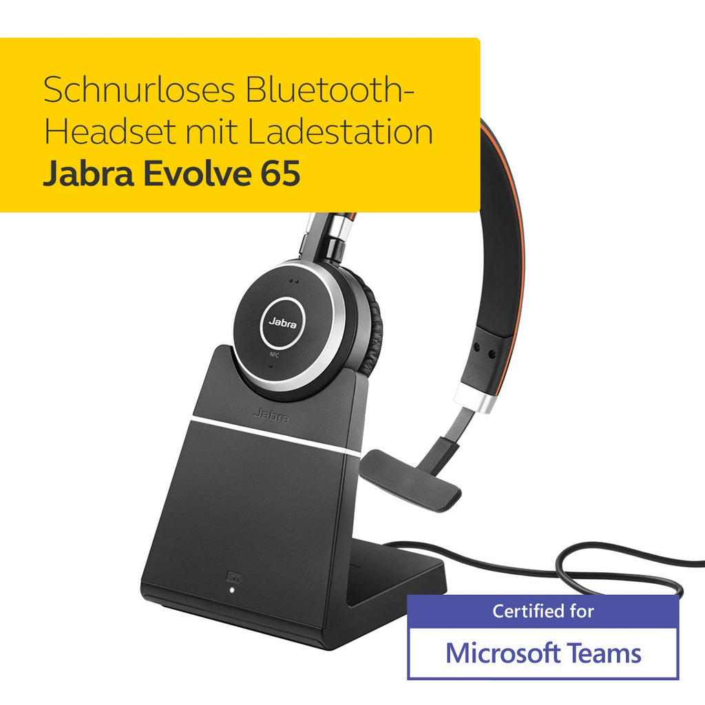 Jabra Evolve 65 Wireless Mono On-Ear Headset - Microsoft Teams zertifizierte Kopfhörer mit langer Akkulaufzeit und Ladestation - USB Bluetooth Adapter - schwarz