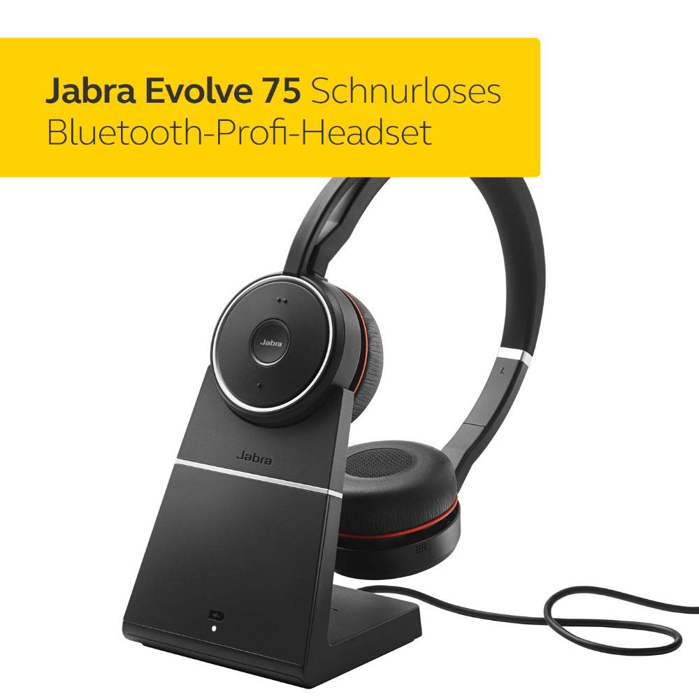 Jabra Evolve 75 UC Wireless Stereo On-Ear Headset - Unified Communications zertifizierte Kopfhörer mit langer Akkulaufzeit und Ladestation- USB Bluetooth Adapter - Schwarz