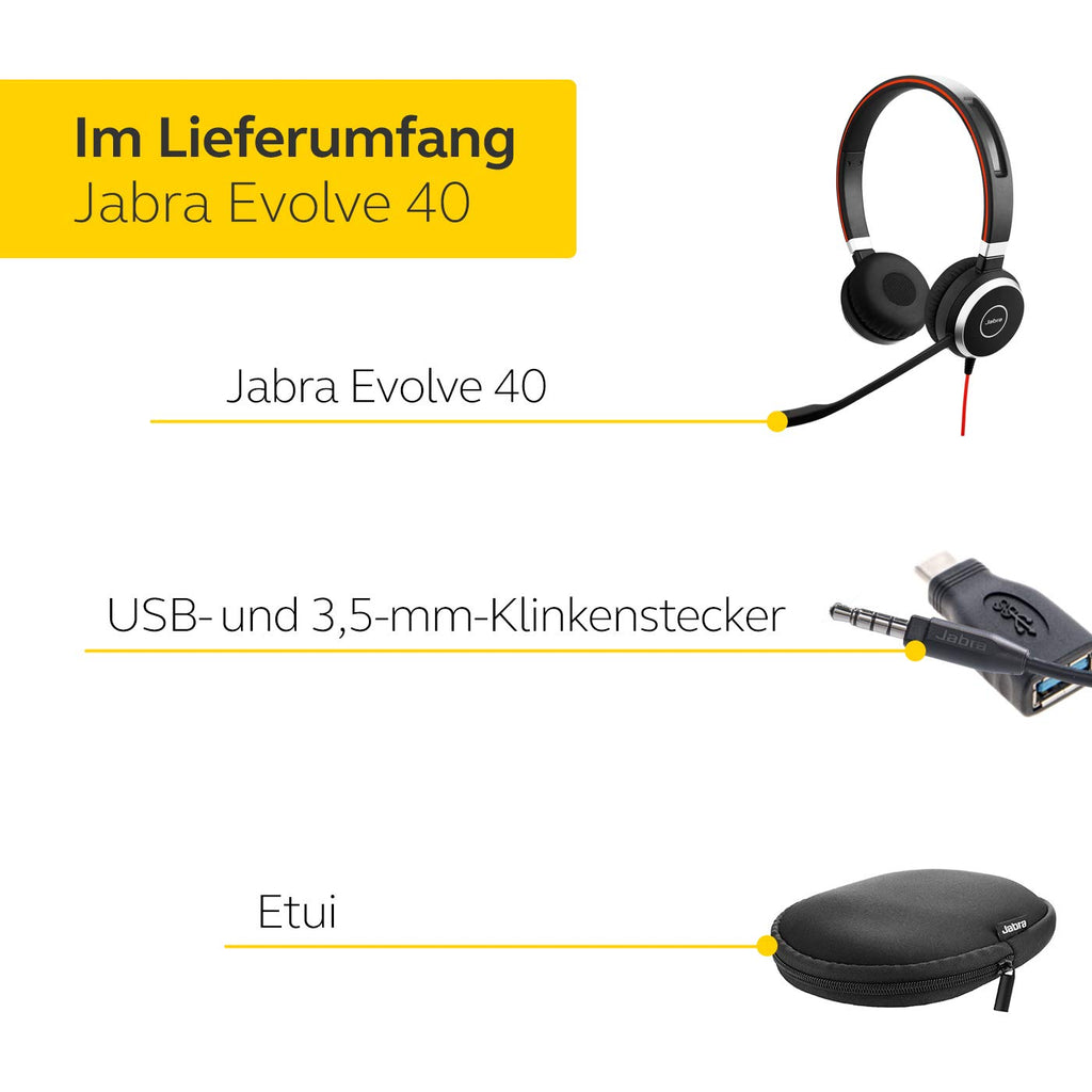 Jabra Evolve 40 MS Stereo Headset - Microsoft zertifizierte Kopfhörer für VoIP Softphone mit passivem Noise-Cancelling - USB-Kabel mit Anrufsteuerung - Schwarz