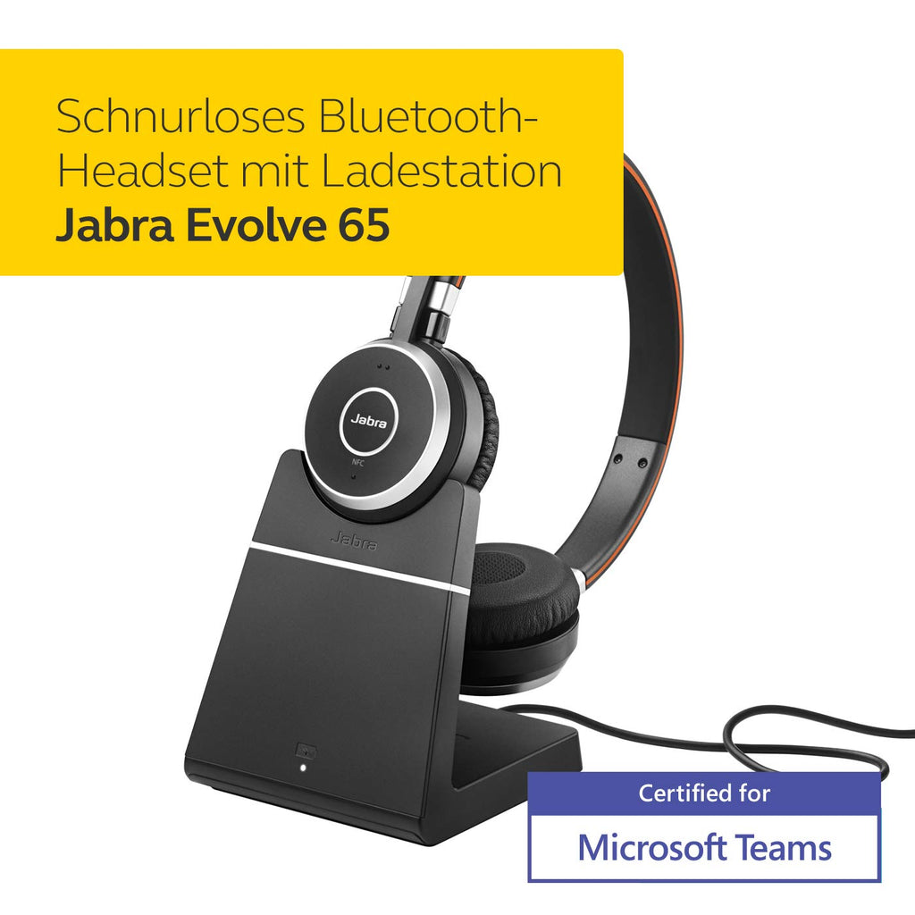 Jabra Evolve 65 Wireless Stereo On-Ear Headset - Microsoft Teams zertifizierte Kopfhörer mit langer Akkulaufzeit und Ladestation - USB Bluetooth Adapter - schwarz