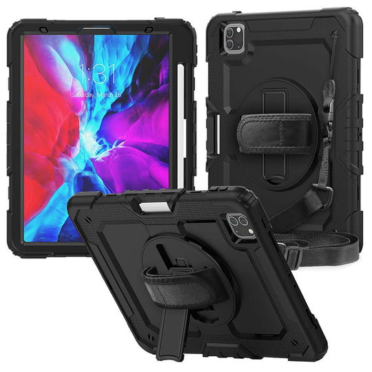 FSCOVER Hülle für iPad Pro 12,9 Zoll (5.Gen 2021/4. Generation 2020) 3 Layer Stoßfeste Robuste Schutzhülle für ipad 2021/2020 360 Drehbar Ständer Handschlaufe Schultergurt-Schwarz