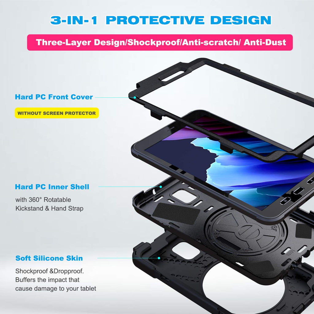 BRAECN Hülle für Samsung Galaxy Tab Active 3 8.0, Stoßfeste Robuste Tragbare Hülle mit 360° Drehbarem Ständer, Handgurt, Stifthalter und Schultergurt SM-T570/SM-T575/SM-T575N-Schwarz