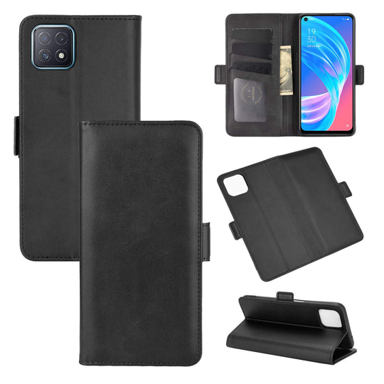 AKC Handyhülle Kompatibel mit Oppo A72 5G/A73 5G Hülle Fallschutz Handy-Ständer-Leder Flip Etui Handytasche Cover Echtleder Brieftasche-Schwarz
