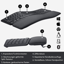 Laden Sie das Bild in den Galerie-Viewer, Logitech ERGO K860 - kabellose ergonomische Tastatur mit geteilter Tastenanordnung, Handgelenkauflage und -stütze für natürliches Tippen - Windows/Mac, Bluetooth, USB-Empfänger, QWERTZ-Layout- Grafit