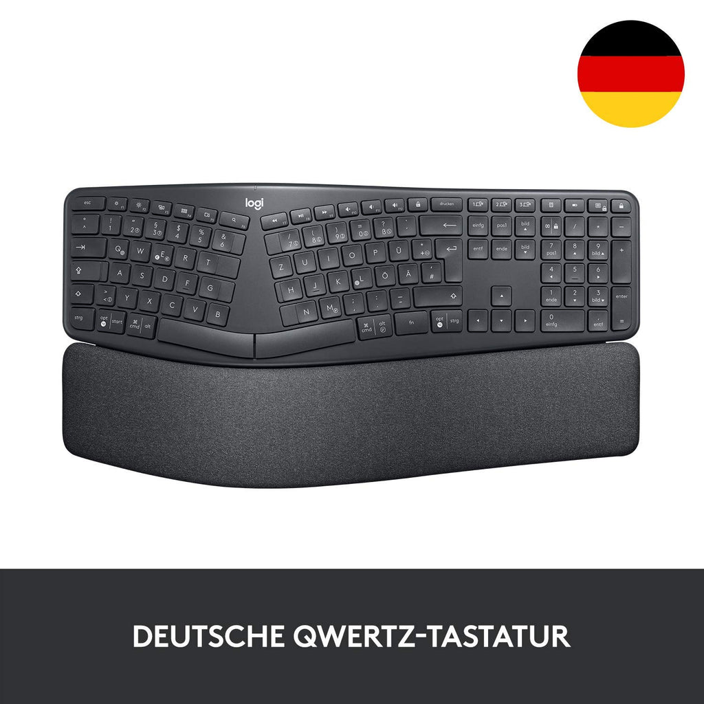 Logitech ERGO K860 - kabellose ergonomische Tastatur mit geteilter Tastenanordnung, Handgelenkauflage und -stütze für natürliches Tippen - Windows/Mac, Bluetooth, USB-Empfänger, QWERTZ-Layout- Grafit