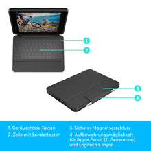 Laden Sie das Bild in den Galerie-Viewer, Logitech RUGGED FOLIO für iPad (7. Generation) Schutzcase mit integrierter Tastatur und Smart Connector (Modell: A2197, A2200, A2198), Deutsches QWERTZ-Layout- Schwarz