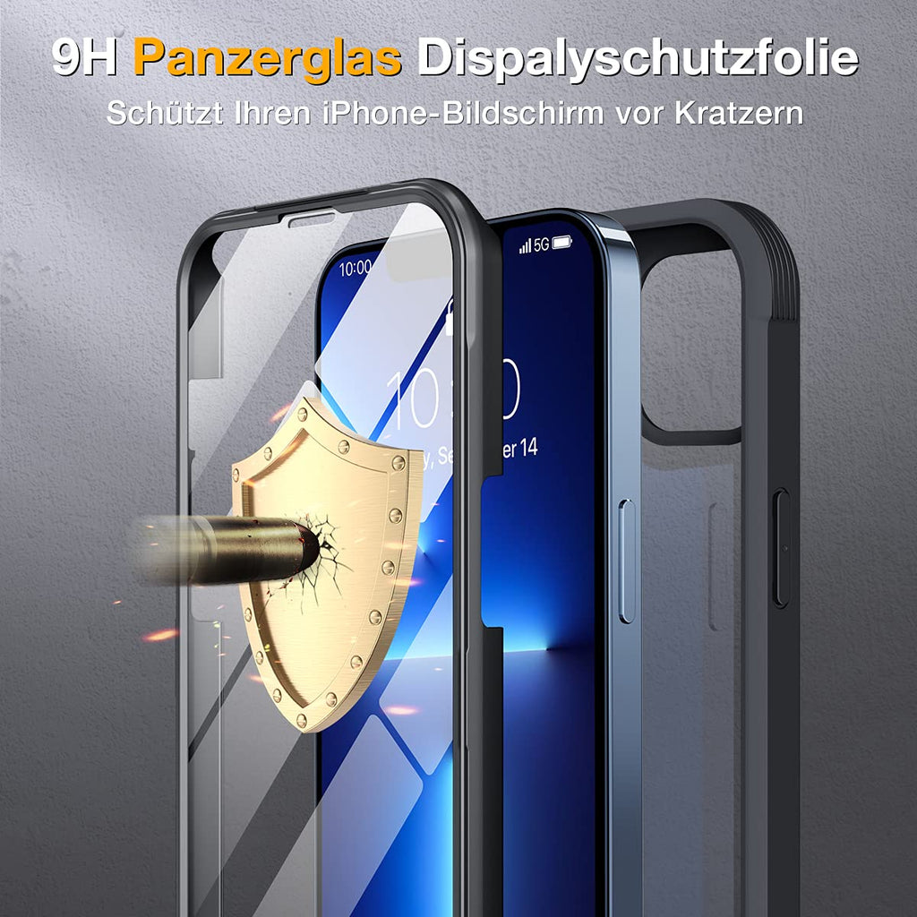 Miracase 360 Grad Hülle Kompatibel mit iPhone 13 Pro, Ganzkörper Schutzhülle mit eingebauter Glas Displayschutzfolie, Stoßfeste Fullbody Handyhülle, Schwarz