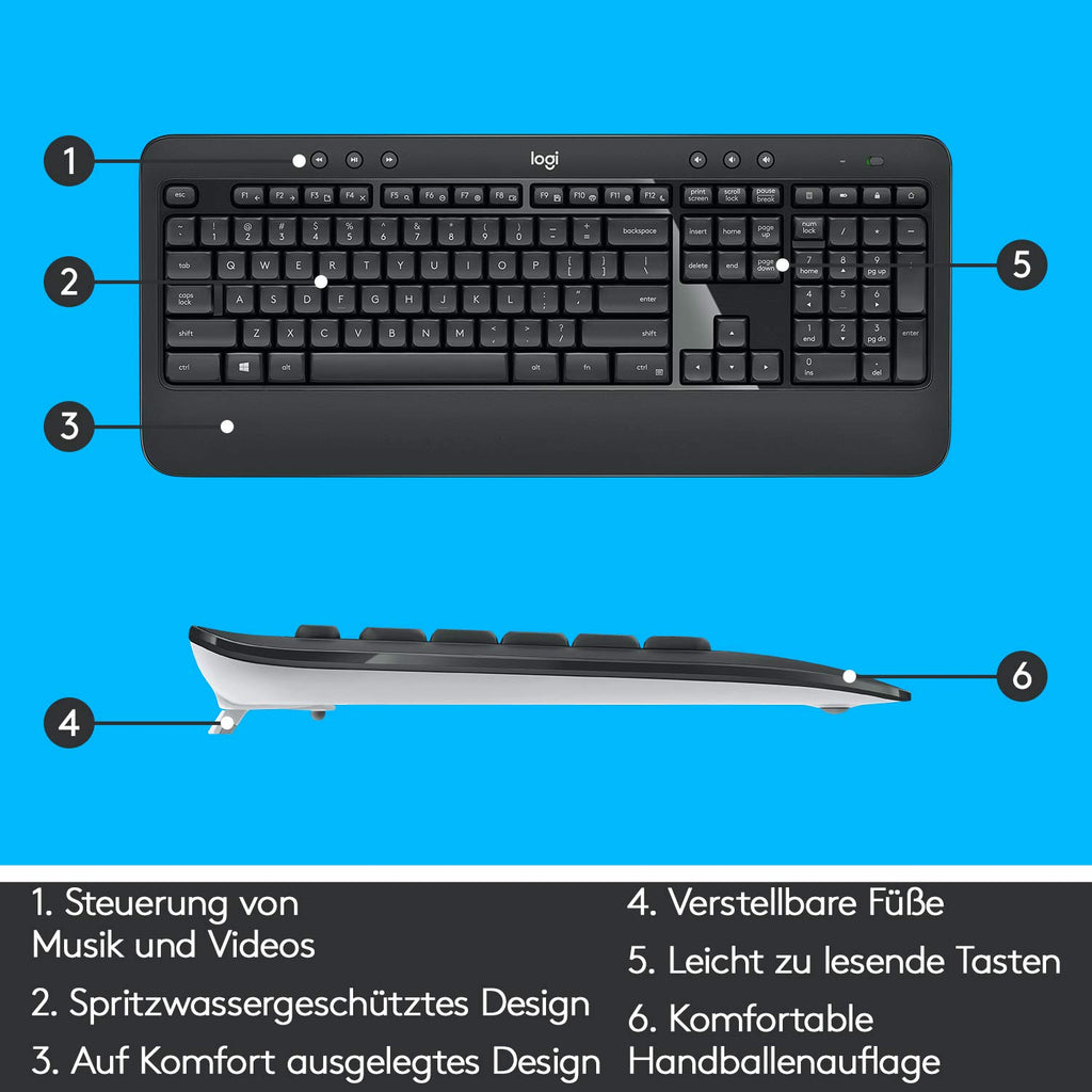 Logitech MK540 Advanced Kabelloses Tastatur-Maus-Set, 2.4 GHz Wireless Verbindung via Unifying USB-Empfänger, 3-Jahre Akkulaufzeit, Für Windows und ChromeOS PCs/Laptops, Deutsches QWERTZ-Layout