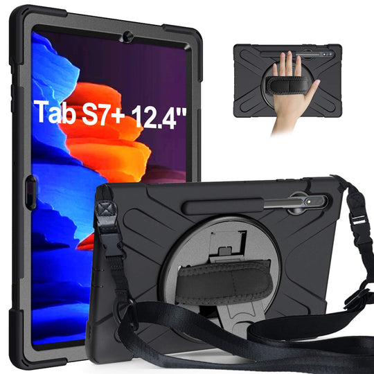 Gerutek Hülle Samsung Galaxy Tab S7+/S7 Plus 12.4 Zoll (T970/T975/T976), Stoßfeste Robust Panzerhülle mit Drehbar Stände, Handschlaufe, Schultergurt und Schutzhülle für Samsung Tab S7+ 12.4", Schwarz