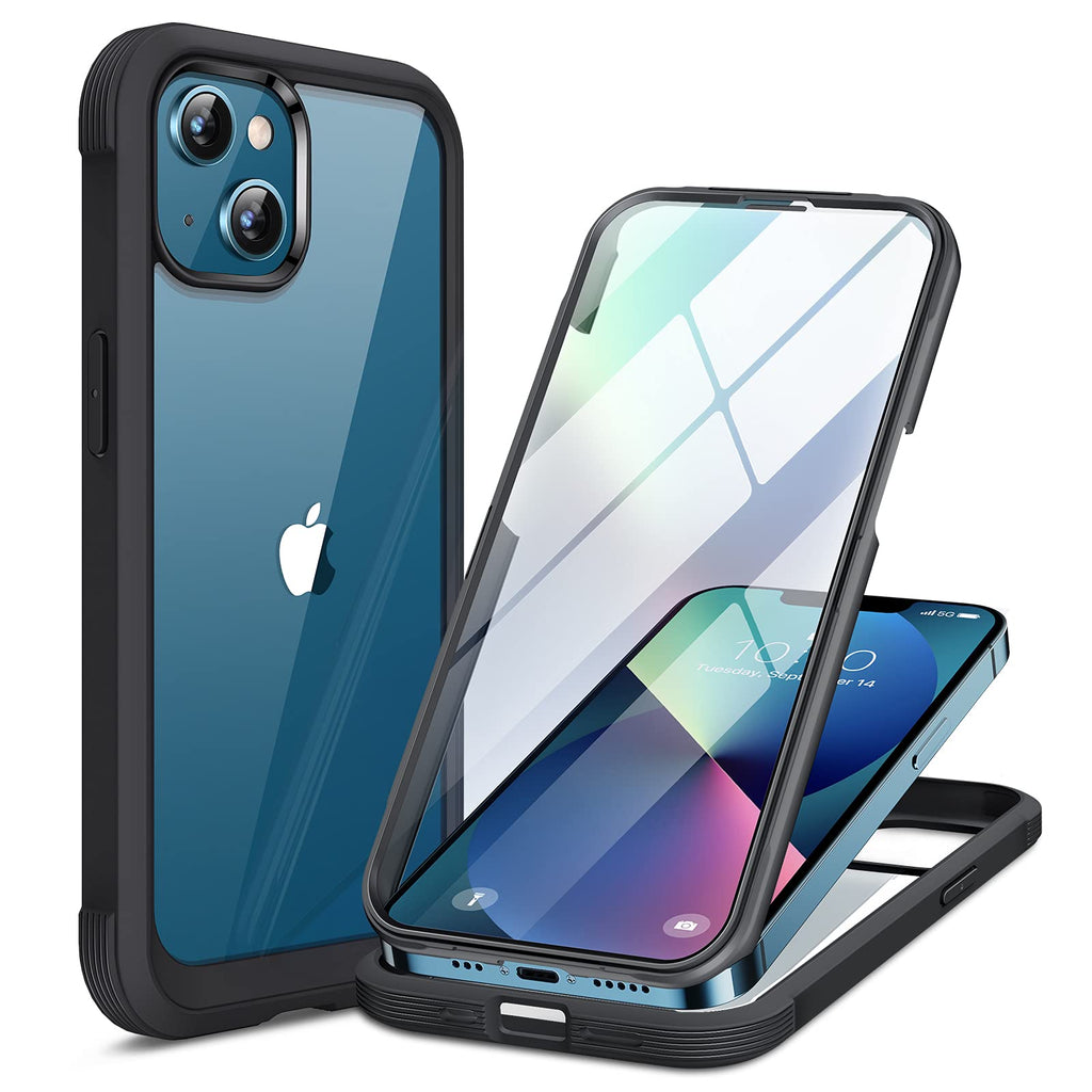 Miracase 360 Grad Hülle Kompatibel mit iPhone 13 (6.1 Zoll), Ganzkörper Schutzhülle mit eingebauter Glas Displayschutzfolie, Stoßfeste Fullbody Handyhülle, Schwarz