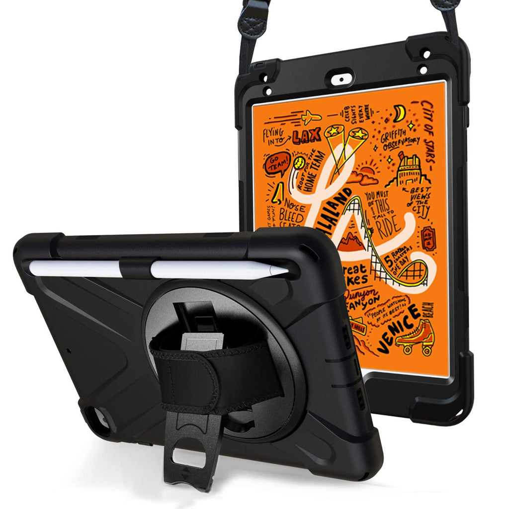 ProCase Hülle iPad Mini 5 th Gen/Mini 4 2015 Rundum Handschlaufe Case, Robust Heavy Duty Stoßfest Hybrid Full Body Schutzhülle Cover, mit 360°Drehständer und verstellbar Riemen Schultergurt –Schwarz