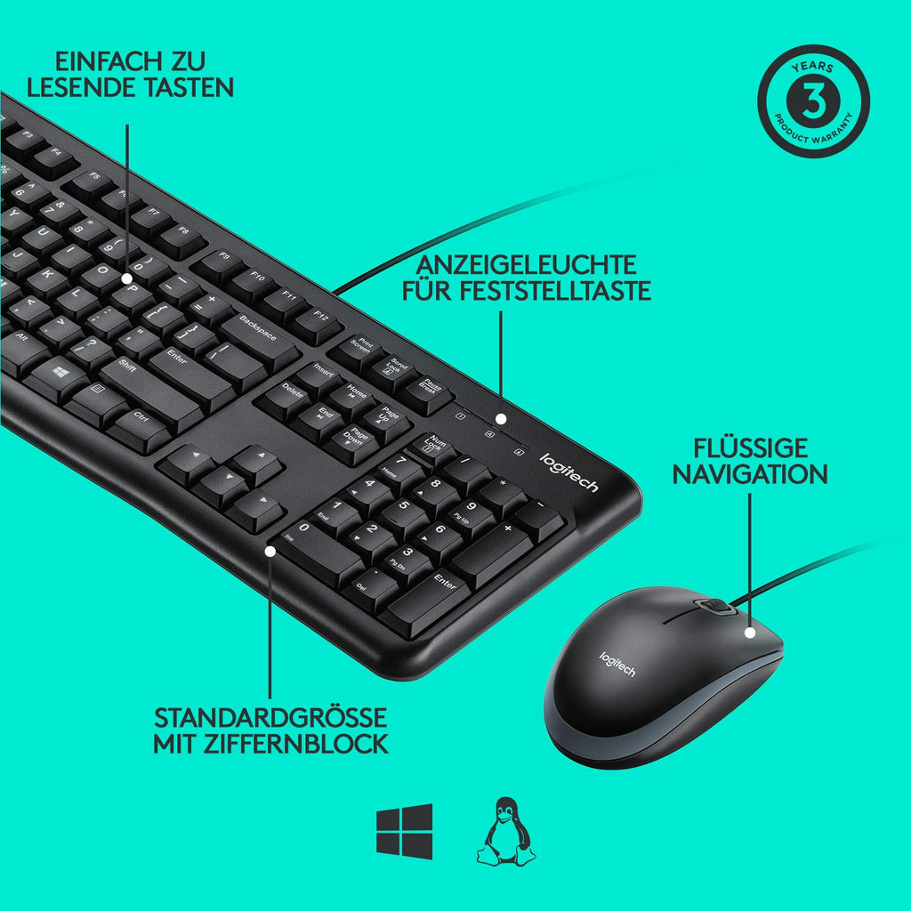 Logitech MK120 Kabelgebundenes Tastatur-Maus-Set, Optische Maus, USB-Anschluss, PC/Laptop, Deutsches QWERTZ-Layout - Schwarz