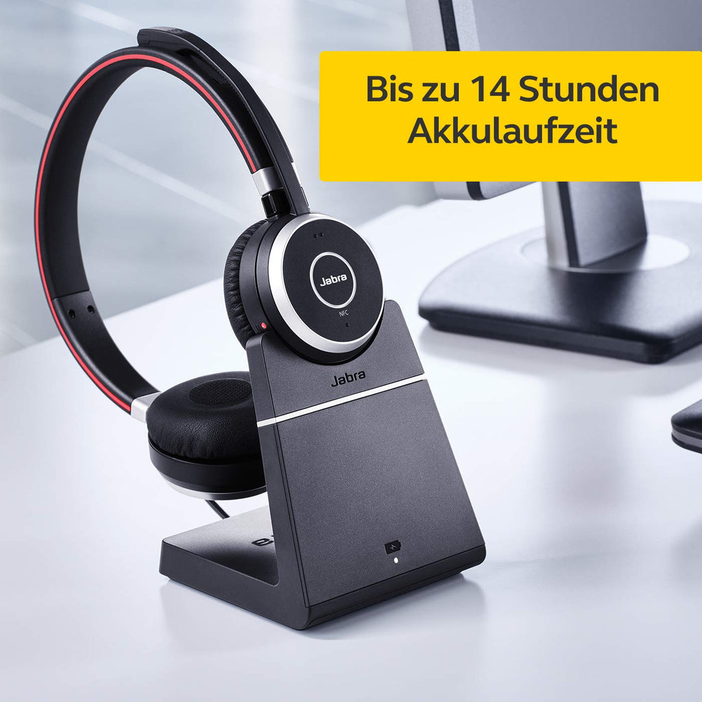 Jabra Evolve 65 Wireless Stereo On-Ear Headset - Microsoft Teams zertifizierte Kopfhörer mit langer Akkulaufzeit und Ladestation - USB Bluetooth Adapter - schwarz