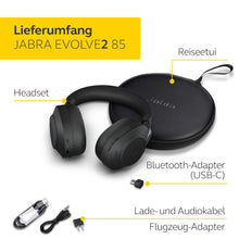 Laden Sie das Bild in den Galerie-Viewer, Jabra Evolve2 85 Wireless Headset – Noise Cancelling Microsoft Teams Zertifizierte Stereo Kopfhörer mit langer Akkulaufzeit – USB-C Bluetooth Adapter – schwarz