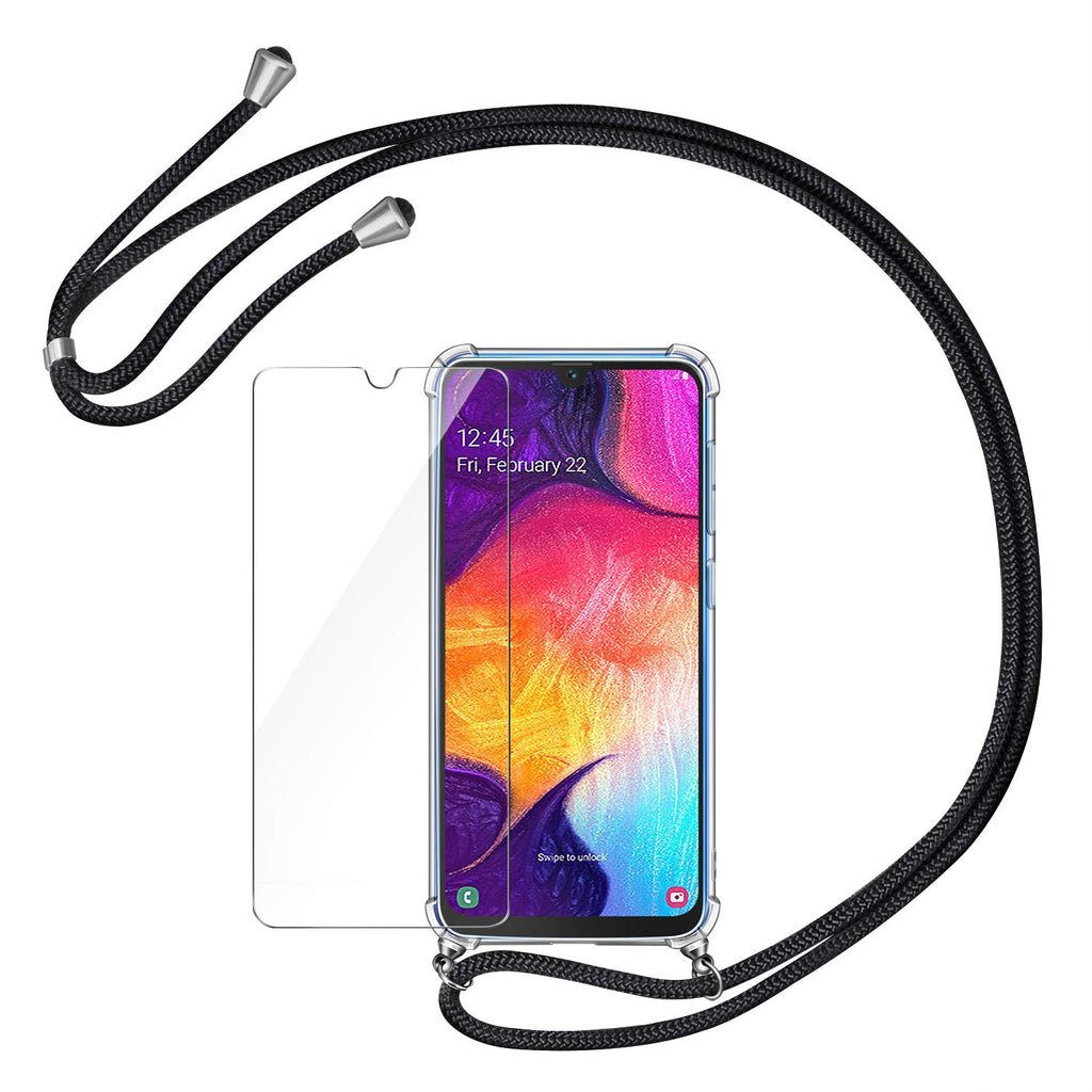 AROYI Handykette Handyhülle und Panzerglas Schutzfolie kompatibel mit Samsung Galaxy A50 Hülle mit Kordel zum Umhängen Necklace Hülle mit Band Transparent Case Schwarz Silber