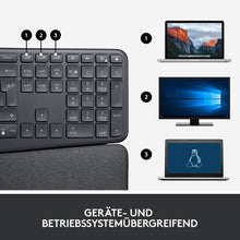 Laden Sie das Bild in den Galerie-Viewer, Logitech ERGO K860 - kabellose ergonomische Tastatur mit geteilter Tastenanordnung, Handgelenkauflage und -stütze für natürliches Tippen - Windows/Mac, Bluetooth, USB-Empfänger, QWERTZ-Layout- Grafit