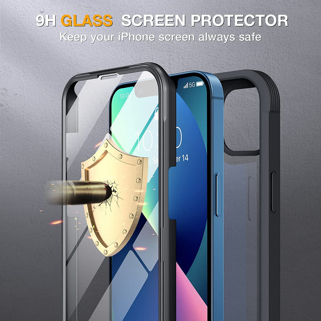 Miracase 360 Grad Hülle Kompatibel mit iPhone 13 (6.1 Zoll), Ganzkörper Schutzhülle mit eingebauter Glas Displayschutzfolie, Stoßfeste Fullbody Handyhülle, Schwarz
