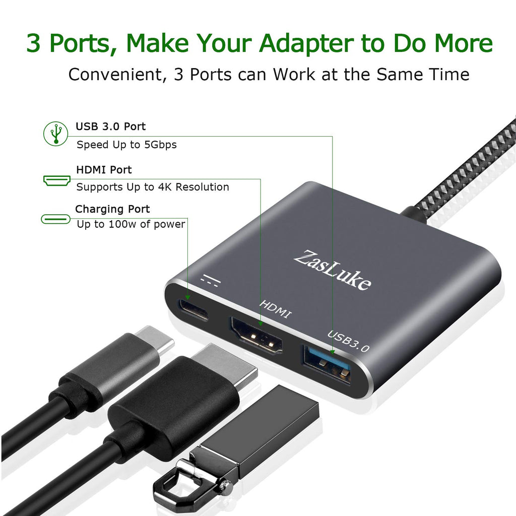 ZasLuke USB C auf HDMI Adapter, USB C Hub Typ C auf HDMI 4K, USB 3.0 Port, USB C Ladeanschluss Konverter Adapter für MacBook, Chromebook Pixel, Samsung Galaxy S8/S9 Plus