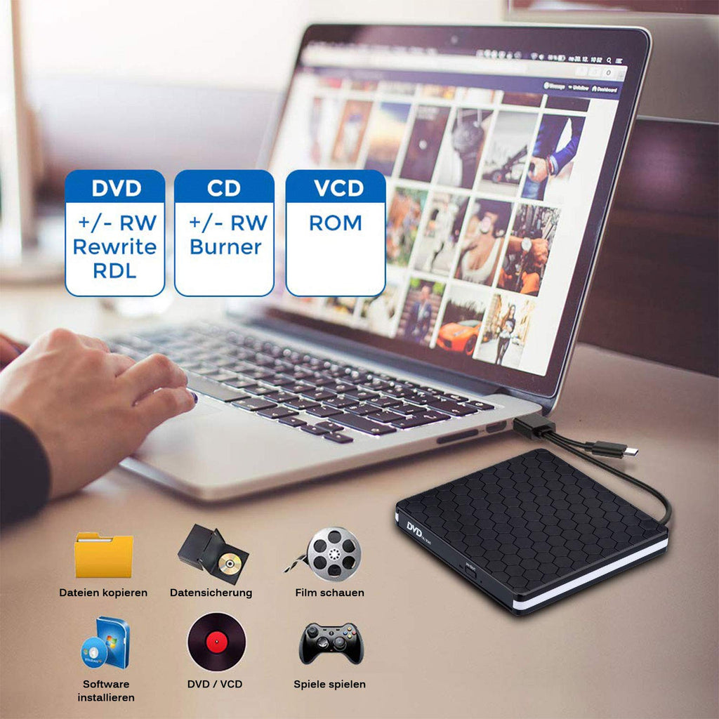 Externes CD DVD Laufwerk, Amicool USB 3.0 mit Type-C Portable DVD/CD Brenner und -Lesegerät/Plug&Play/niedriger Lärm/Slim Superdrive für Laptop, Desktop, Mac, Macbook, Ios, Windows 10/8/7/XP and Linux
