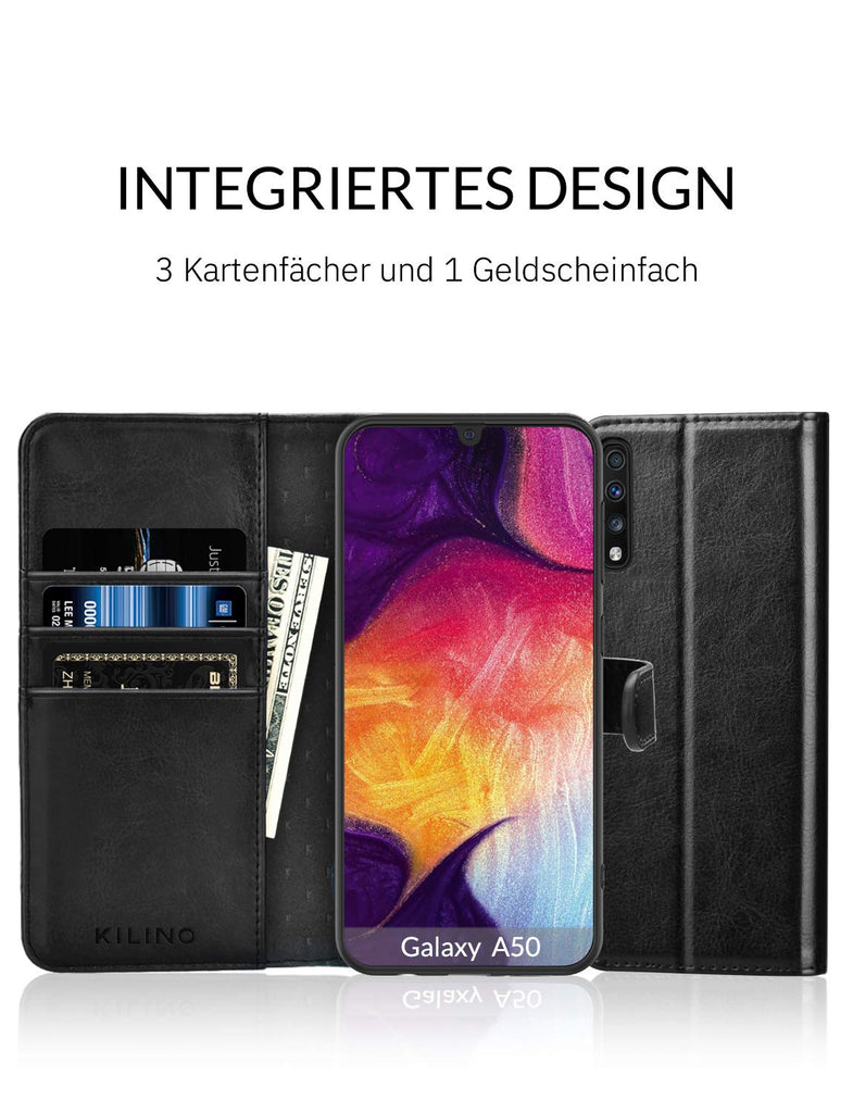 KILINO Samsung Galaxy A50/A50s/A30 Hülle [PU Leder][RFID Blocker][Schützt vor Stößen][Kartenfach][Standfunktion] Handyhülle Klapphüllen Handytasche Schutzhülle Lederhülle Flip Cover Case (Schwarz)