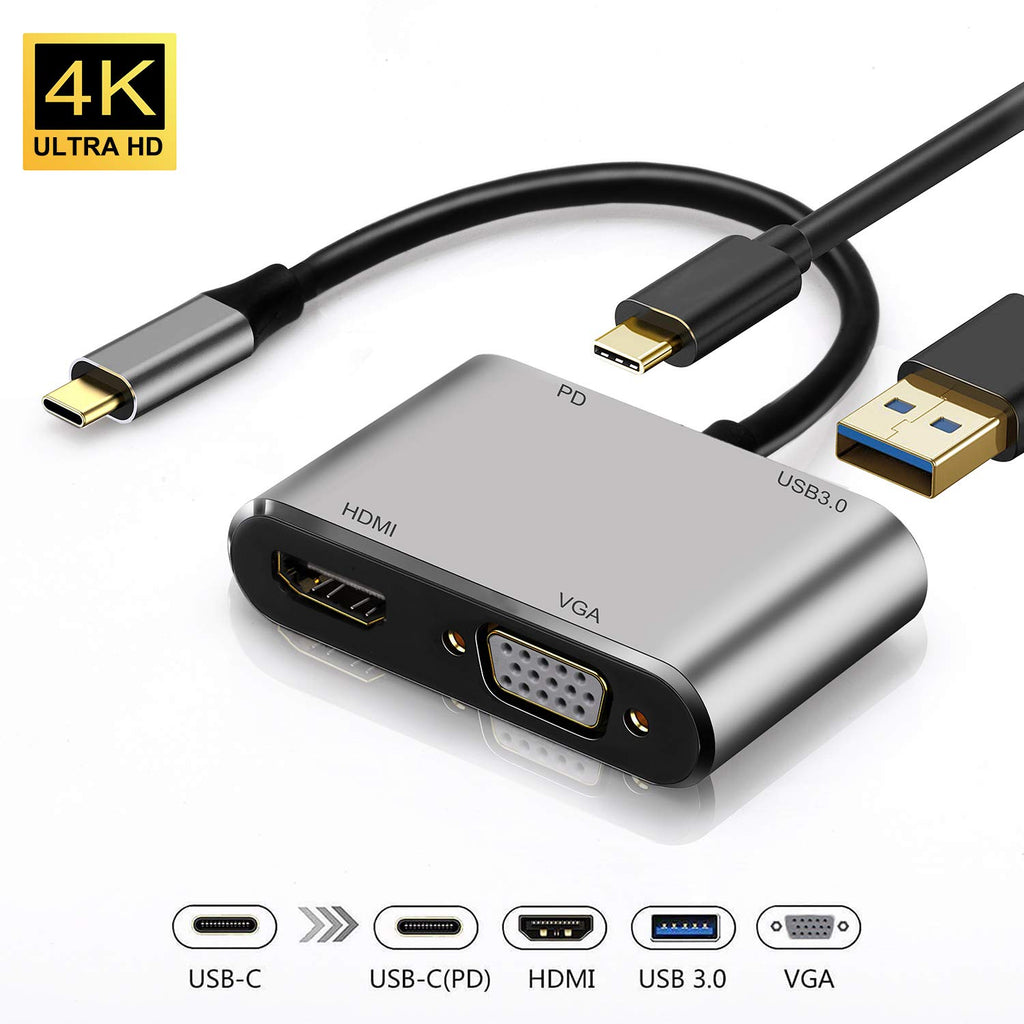 SINYICG USB C a HDMI und VGA, 4 de 1 Hub Tipo C auf VGA HDMI 4K UHD USB 3.0 und PD3.0, USB C Adaptaer für MacBook Pro/iMac/Air Chromebook Pixel Dell XPS Huawei Samsung Smartphones y más