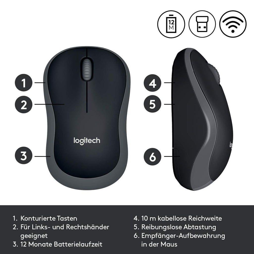 Logitech M185 Kabellose Maus, 2.4 GHz Verbindung via Nano-USB-Empfänger, 1000 DPI Optischer Sensor, 12-Monate Akkulaufzeit, Für Links- und Rechtshänder, PC/Mac - Grau