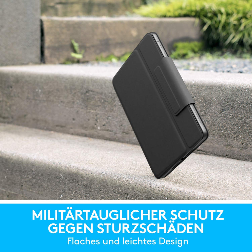 Logitech RUGGED FOLIO für iPad (7. Generation) Schutzcase mit integrierter Tastatur und Smart Connector (Modell: A2197, A2200, A2198), Deutsches QWERTZ-Layout- Schwarz