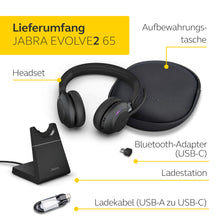 Laden Sie das Bild in den Galerie-Viewer, Jabra Evolve2 65 Wireless Headset mit Ladestation – Noise Cancelling Microsoft Teams Zertifizierte Stereo Kopfhörer mit langer Akkulaufzeit – USB-C Bluetooth Adapter – schwarz