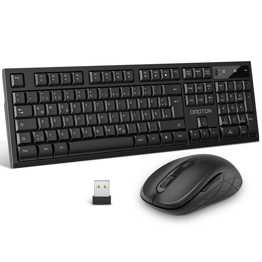 OMOTON Tastatur Maus Set Kabellos, 2.4Ghz Wireless Tastatur Maus Set mit USB Empfänger, Kabellose Funktastatur mit Maus für PC, Desktop, Notebook, Laptop, Windows XP/7/8/10, QWERTZ-Layout, Schwarz