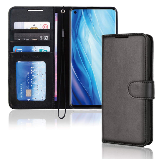 TECHGEAR Leder Hülle Oppo Reno 4 Pro 5G, PU Leder Flip Case Schutzhülle Ledertasche [Brieftasche] Handyhülle mit Ständer und Handschlaufe Beutel kompatibel mit Oppo Reno4 Pro 5G - Schwarz