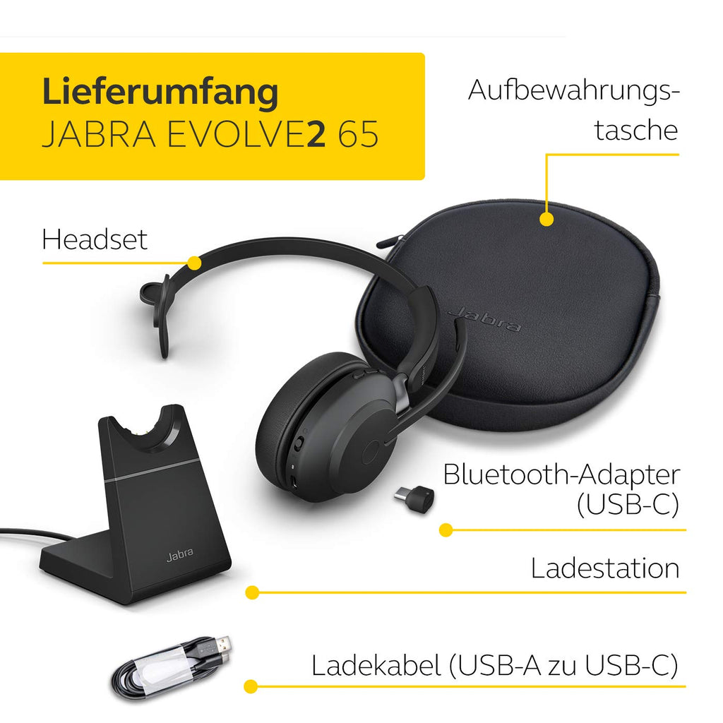Jabra Evolve2 65 Wireless Headset mit Ladestation – Noise Cancelling Microsoft Teams Zertifizierte Mono Kopfhörer mit langer Akkulaufzeit – USB-C Bluetooth Adapter – schwarz