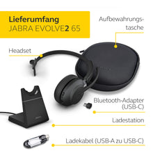 Laden Sie das Bild in den Galerie-Viewer, Jabra Evolve2 65 Wireless Headset mit Ladestation – Noise Cancelling UC Zertifizierte Mono Kopfhörer mit langer Akkulaufzeit – USB-C Bluetooth Adapter – schwarz