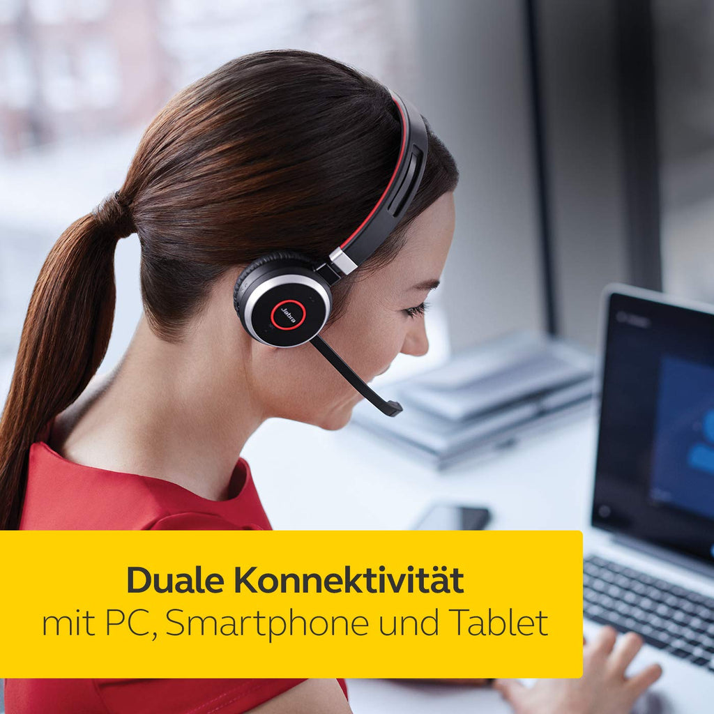 Jabra Evolve 65 Wireless Stereo On-Ear Headset - Microsoft Teams zertifizierte Kopfhörer mit langer Akkulaufzeit und Ladestation - USB Bluetooth Adapter - schwarz