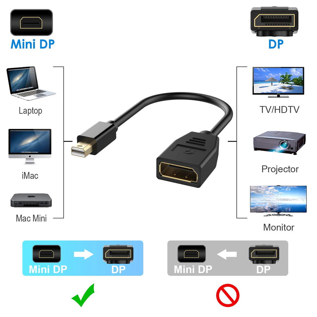 Rankie Mini Displayport (Mini DP) auf Displayport (DP) Adapter, 4K Konverter, Schwarz