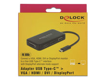 Laden Sie das Bild in den Galerie-Viewer, DeLock 4in1 Multiport Adapter USB Type-C Stecker für VGA, HDMI, DVI und DisplayPort Monitor schwarz, 63929