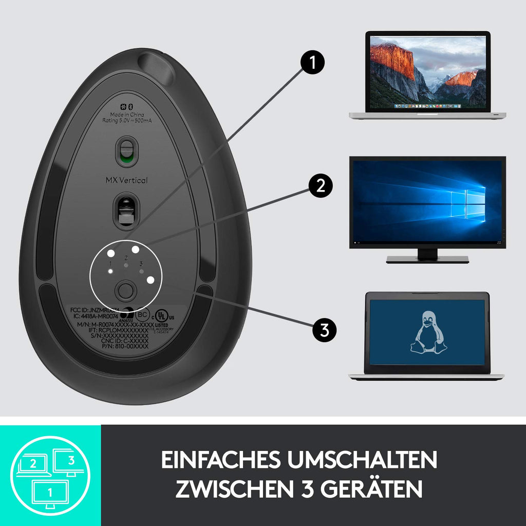 Logitech MX Vertical, Ergonomische Kabellose Maus, Bluetooth und 2.4 GHz Verbindung via Unifying USB-Empfänger, 4000 DPI Sensor, Wiederaufladbarer Akku, 4 Tasten, Multi-Device, PC/Mac/iPadOS - Schwarz
