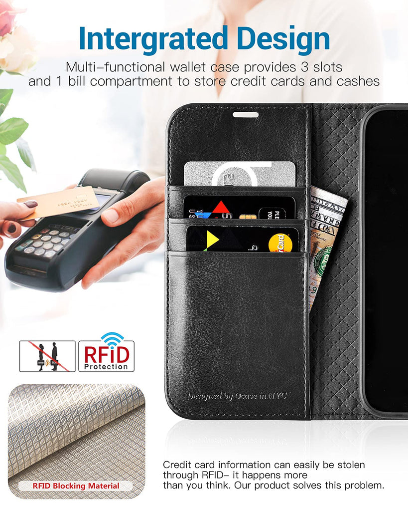 OCASE iPhone 13 Pro Hülle Handyhülle [Premium PU Leder] [Kartenfach] [Magnetverschluss] RFID Schutzhülle Klapphülle Handytasche Lederhülle Flip Case Cover Kompatibel für iPhone 13 Pro Schwarz