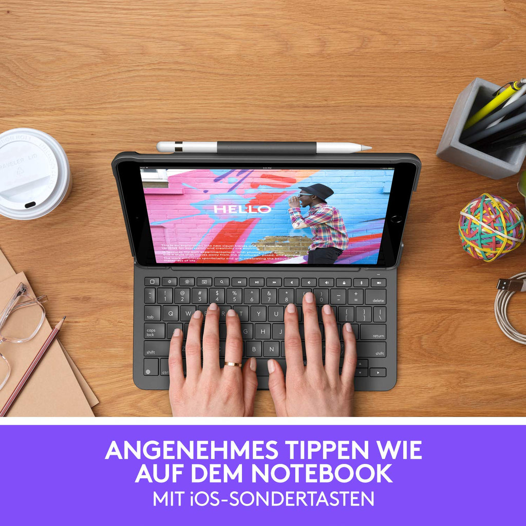 Logitech SLIM FOLIO für iPad der (7. Generation) Tastatur-Case mit Bluetooth (Modell: A2197, A2200, A2198), Deutsches QWERTZ-Layout- Grafit