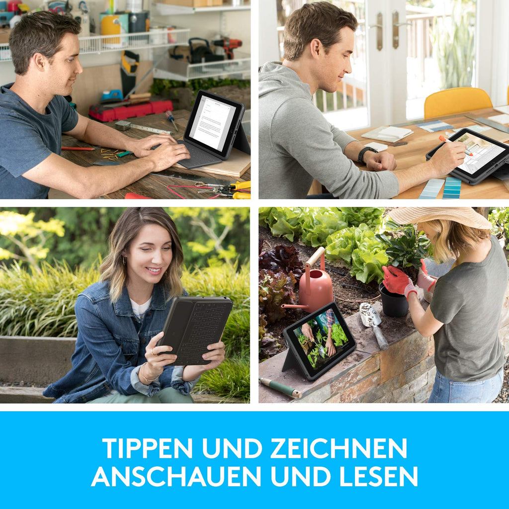Logitech RUGGED FOLIO für iPad (7. Generation) Schutzcase mit integrierter Tastatur und Smart Connector (Modell: A2197, A2200, A2198), Deutsches QWERTZ-Layout- Schwarz