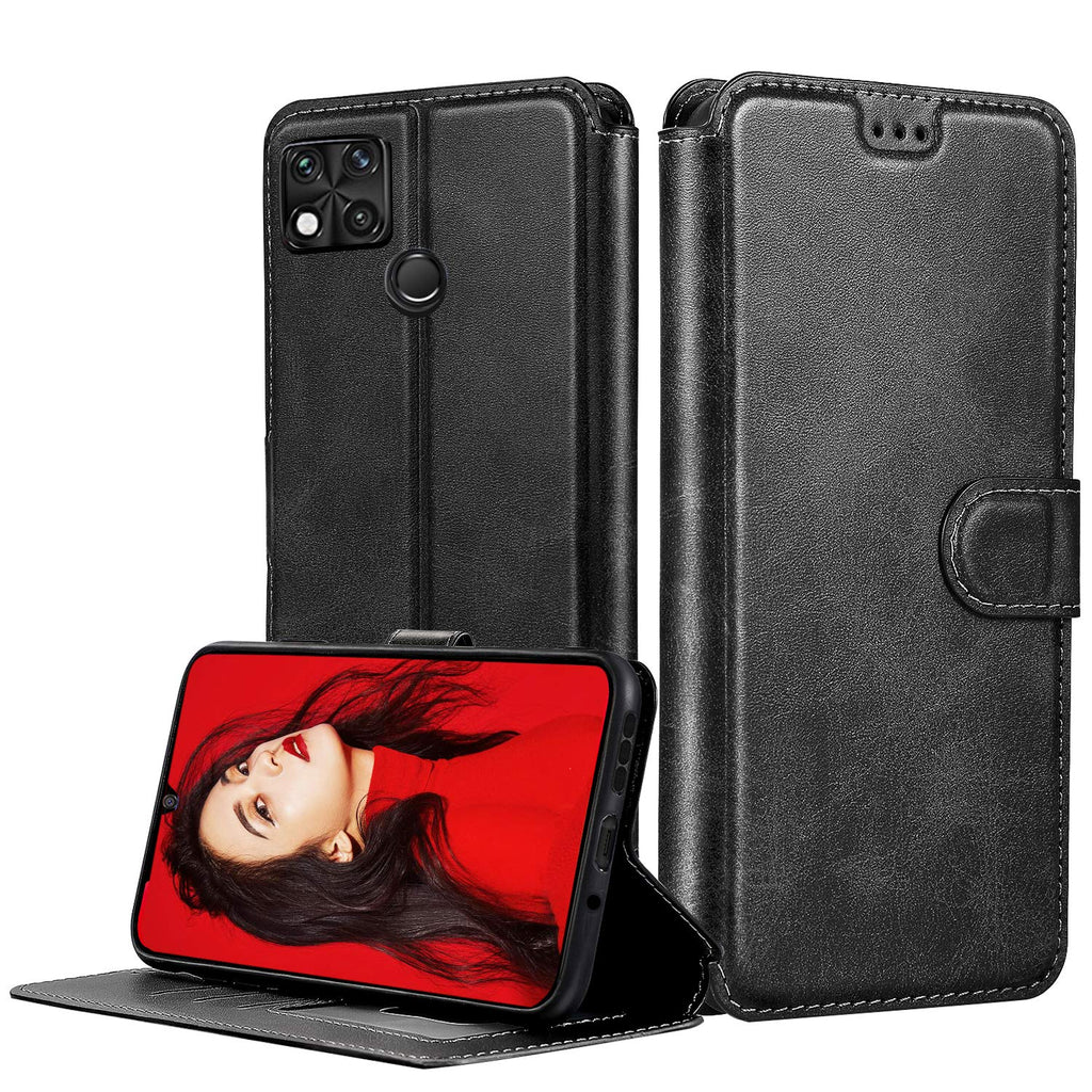 LeYi Hülle für Xiaomi Redmi 9C / 9C PU Leder Handyhülle Stoßfest Wallet Etui Magnet Schutzhülle Tasche Slim Silikon Soft Cover Bumper TPU Case für Handy Redmi 9C Matt Schwarz