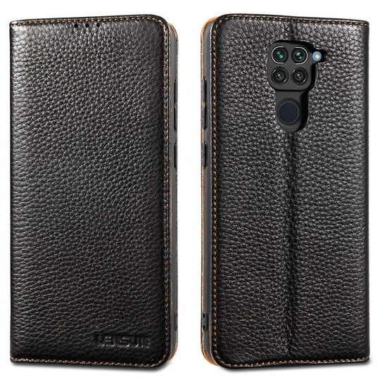 LENSUN Echtleder Hülle für Xiaomi Redmi Note 9, Leder Handyhülle Magnetverschluss Kartenfach Handytasche kompatibel mit Xiaomi Redmi Note 9 – Schwarz(MN9-DC-BK)