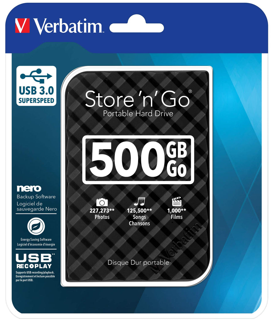 Verbatim Store 'n' Go externe tragbare Festplatte - 500 GB, schnelle Datenübertragung bis zu 4800 Mbit/s, schwarz (geriffelt)
