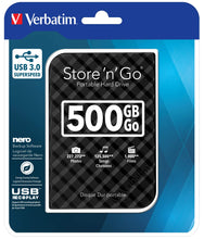 Laden Sie das Bild in den Galerie-Viewer, Verbatim Store &#39;n&#39; Go externe tragbare Festplatte - 500 GB, schnelle Datenübertragung bis zu 4800 Mbit/s, schwarz (geriffelt)
