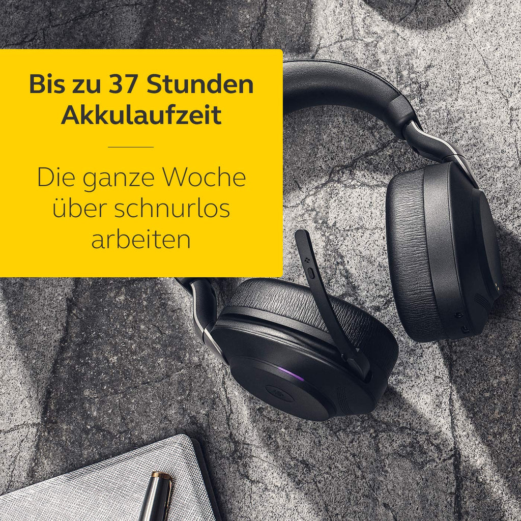 Jabra Evolve2 85 Wireless Headset – Noise Cancelling Microsoft Teams Zertifizierte Stereo Kopfhörer mit langer Akkulaufzeit – USB-C Bluetooth Adapter – schwarz