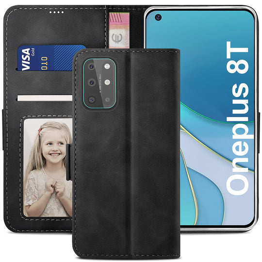YATWIN Handyhülle Oneplus 8T Hülle, Klapphülle Oneplus 8T Premium Leder Brieftasche Schutzhülle [Kartenfach][Magnet][Stand] Handytasche für Oneplus 8T Case, Schwarz