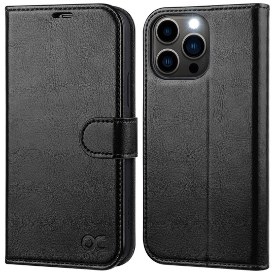 OCASE iPhone 13 Pro Hülle Handyhülle [Premium PU Leder] [Kartenfach] [Magnetverschluss] RFID Schutzhülle Klapphülle Handytasche Lederhülle Flip Case Cover Kompatibel für iPhone 13 Pro Schwarz